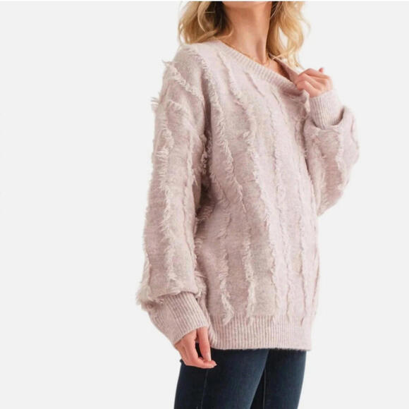 Sweaters - And The Why Women’s Fritz fringe Pullover sweater  Pinky beige Fuzzy 1X/2X Comfy